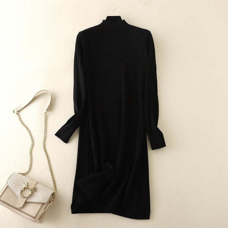 Slim Midi Mock Neck Sweater Dress For Women Black One Size