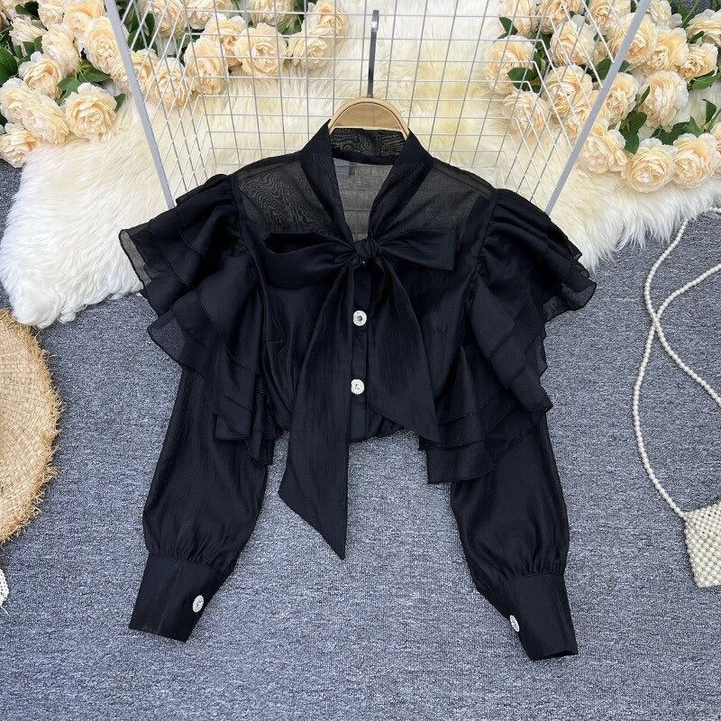 Retro Bow Collar Ruffles Blouses Shirt For Women