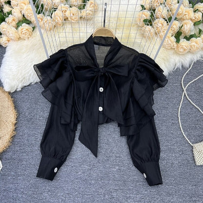 Retro Bow Collar Ruffles Blouses Shirt For Women Black One Size