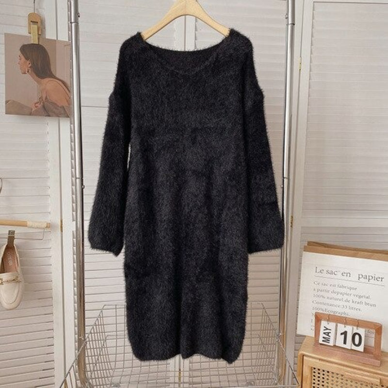 Long Sleeve Warm Soft Dresses For Women Black One Size