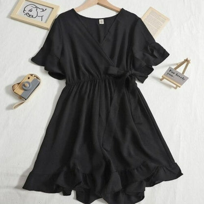 Women's Solid Color Short Playsuit for Summer Black One Size