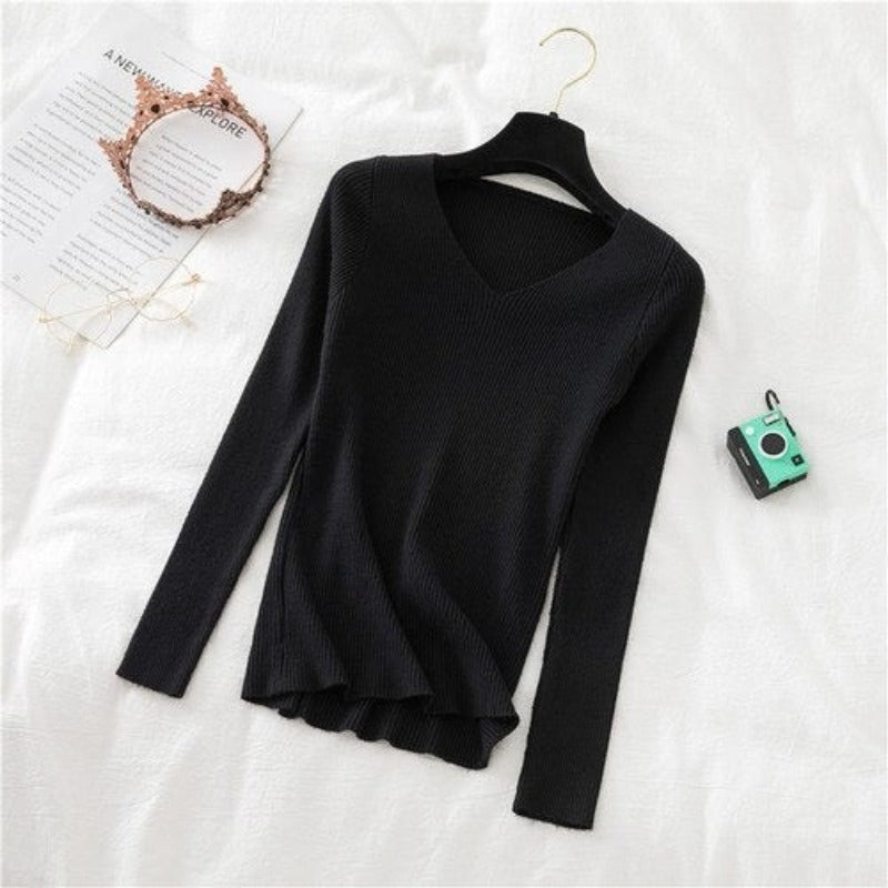 Woolen V-Neck Long-Sleeved Knitted Pullover For Women