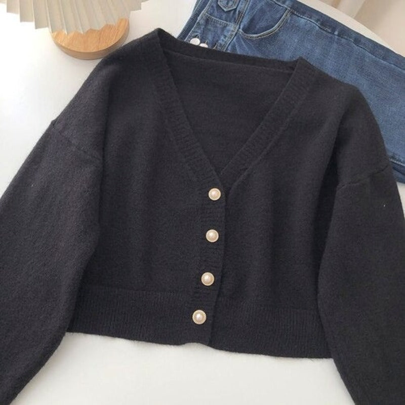 V-Neck Solid Long-Sleeved Knitted Cardigans For Women