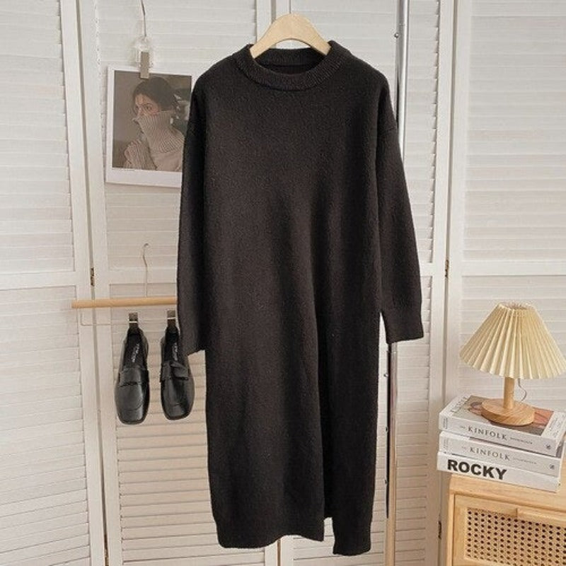 Women's Slitted Long-Sleeve Knitted Sweater Dress One Size Black