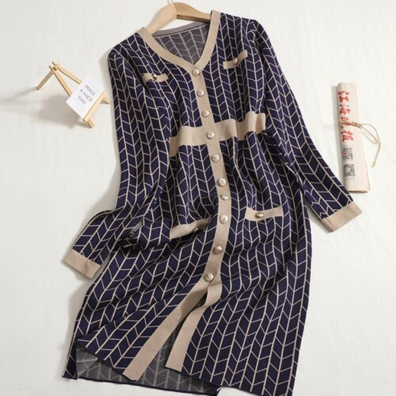 Mid-Length V-Neck Plaid Knitted Split Dress One Size Blue