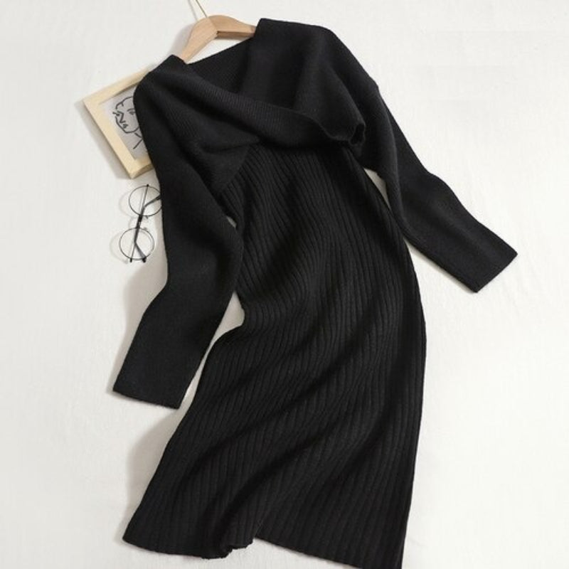 V-Neck Knitted Suspender Knotted Two-Piece Sweater Dress Black One Size