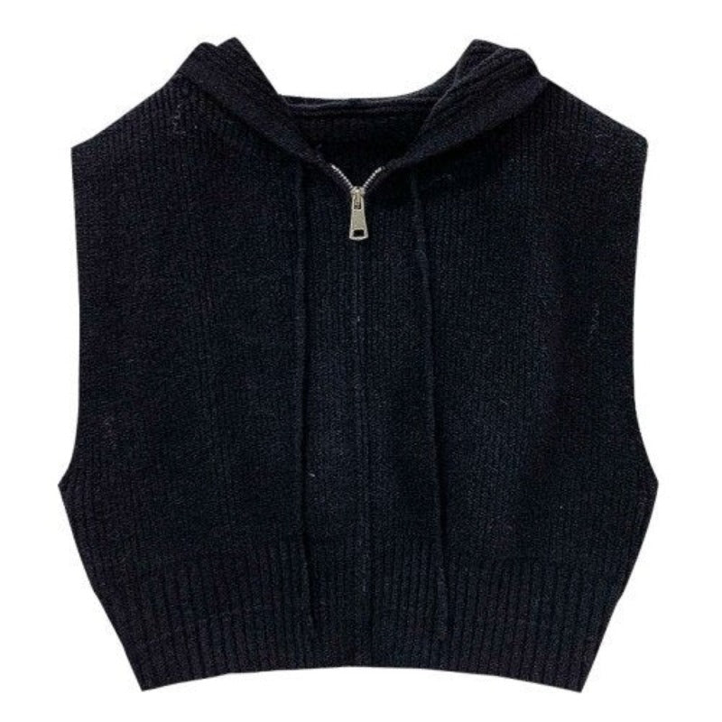 Loose Zipper Knitted Hooded Sweater Vest For Women Black One Size