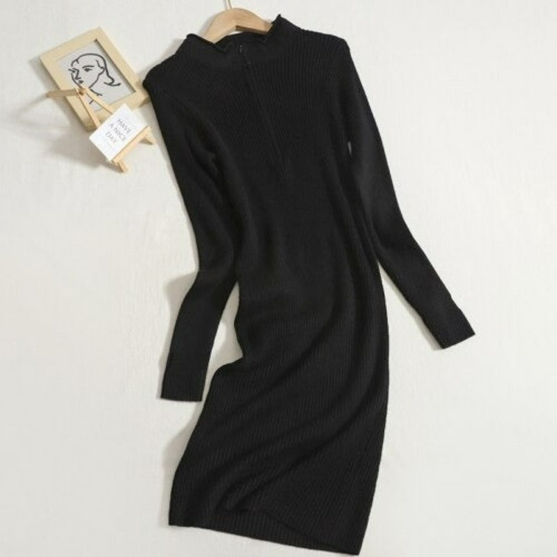 Women's Zipper Collar Thin Knit Sweater Dress Black One Size