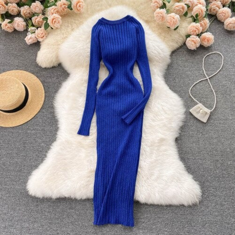 O-Neck Elastic Warm Knitted Sweater Dress