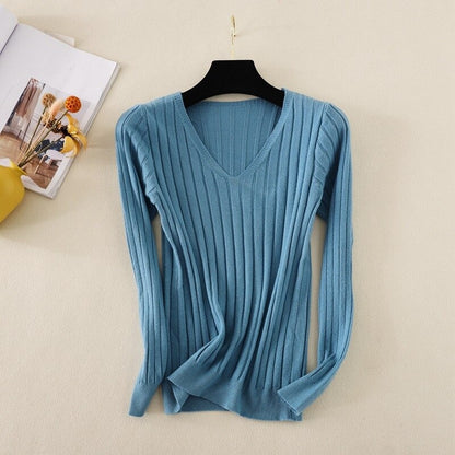 Basic V-Neck Solid Bodycon Knitted Sweater For Women