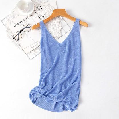 V-Neck Loose Bright Knitted Camisole Tanks For Women Blue One Size