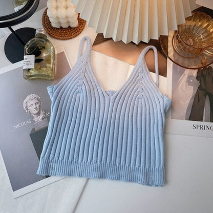 Camisole Solid Color Knitted Vest Tops For Women