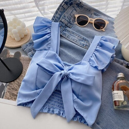 Bow Tie Lace-up Floral Print Camisole Tops For Women Blue One Size