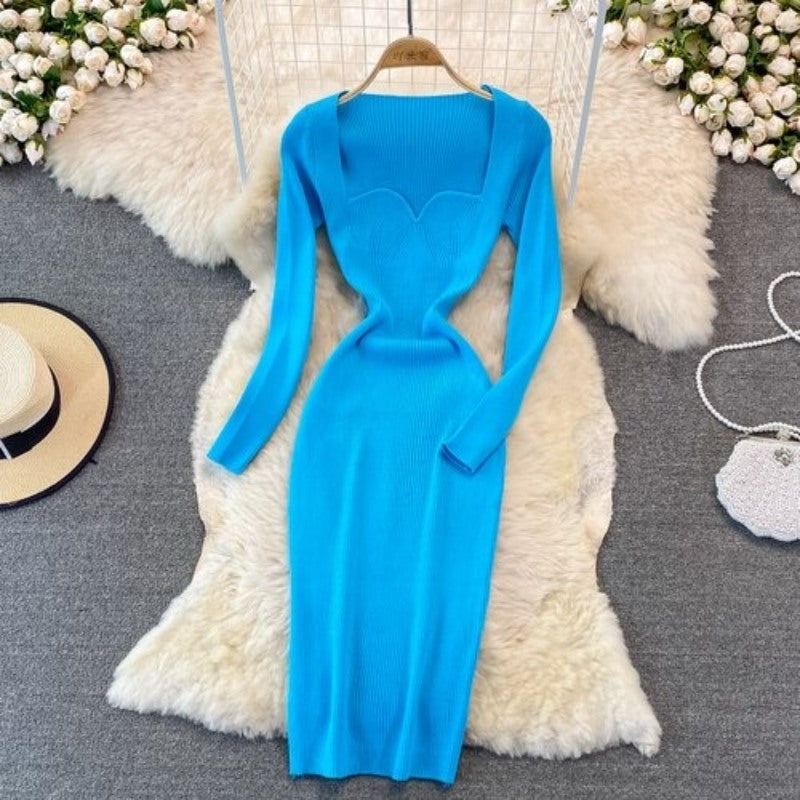 Elegant Low Neck Tight Stretch Knit Dress For Women Blue One Size