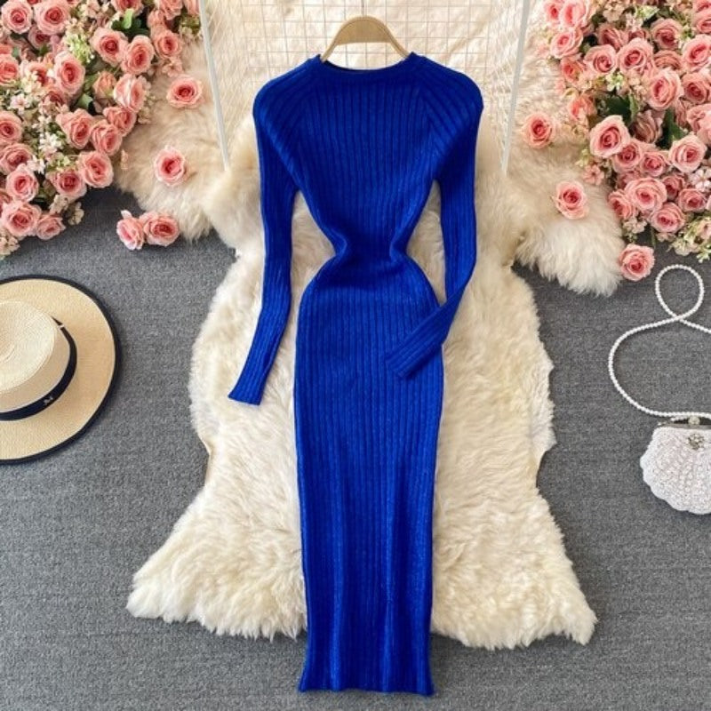 Bright Silk Elegant Knitted Long Sleeve Dress For Women