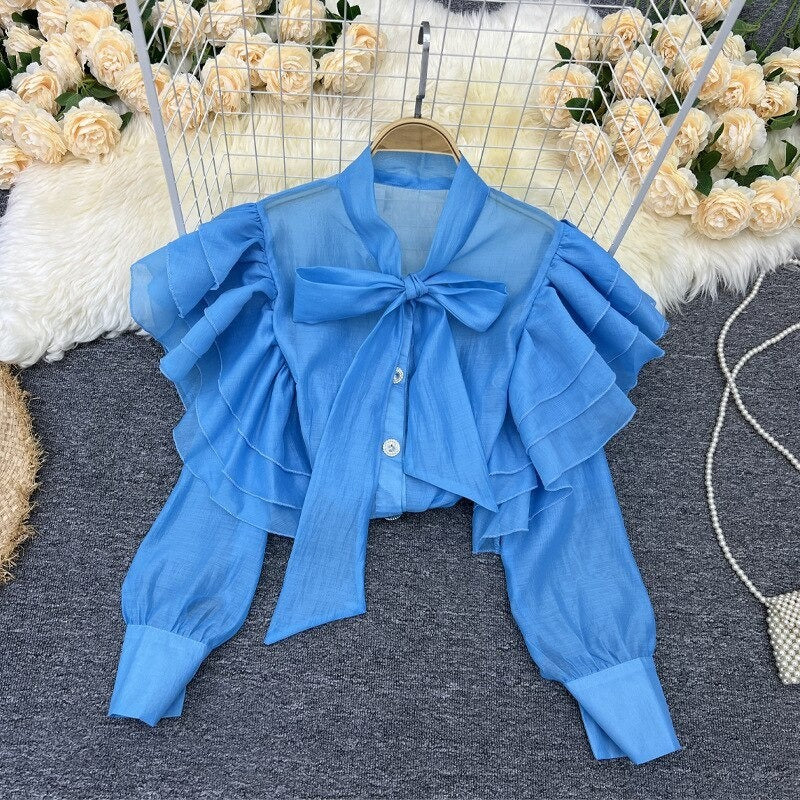 Retro Bow Collar Ruffles Blouses Shirt For Women