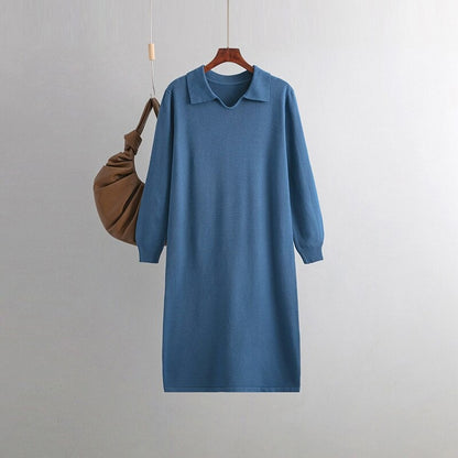 Polo Neck Loose Oversized Knitted Sweater Dress One Size Blue