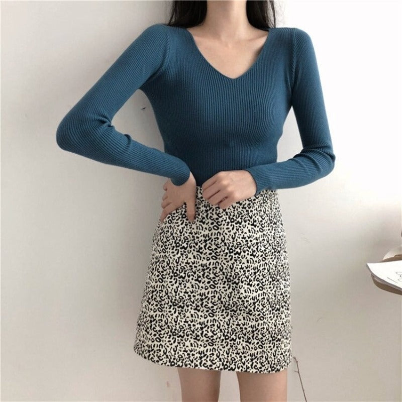 V-Neck Knitted Long Sleeves Skinny Pullovers For Women Blue