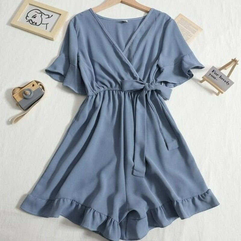 Women's Solid Color Short Playsuit for Summer Blue One Size