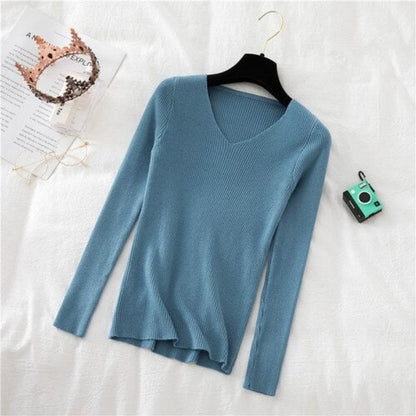 Woolen V-Neck Long-Sleeved Knitted Pullover For Women