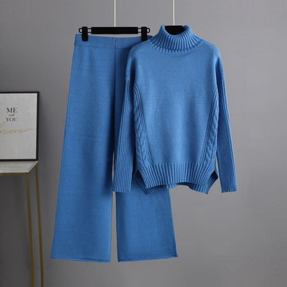 Thick Turtleneck Pullover And Wide Leg Pants For Women Blue One Size