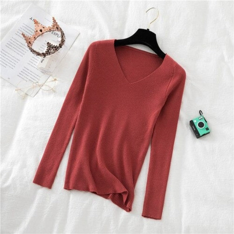 V-Neck Long-Sleeved Woolen Knitted Pullover For Women