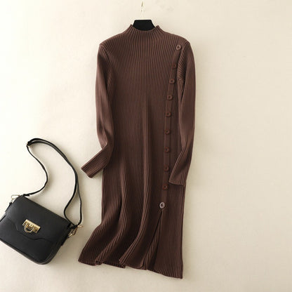 Mock Neck Side Slit Knitted Sweater Dress