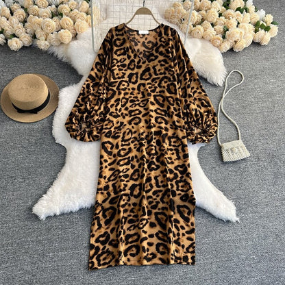 Leopard Print V-Neck Straight Dress For Women Orange One Size