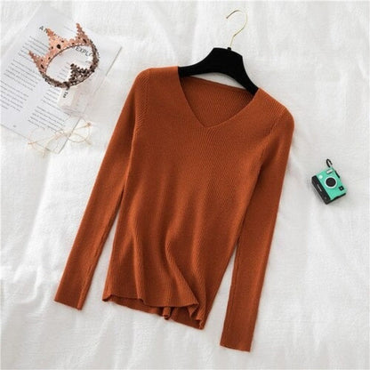 V-Neck Long-Sleeved Woolen Knitted Pullover For Women