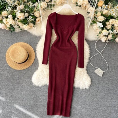 Vintage Elegant Low Neck Dress For Women Burgundy One Size