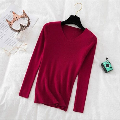 V-Neck Long-Sleeved Woolen Knitted Pullover For Women