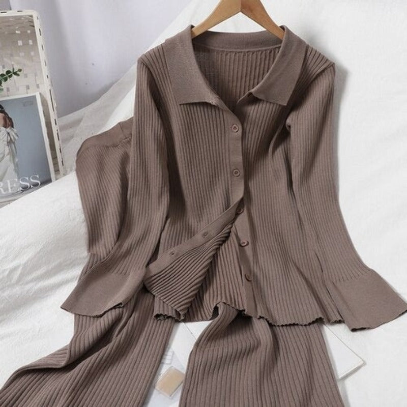 Knitted Two Piece Cardigan Shirt And Pants For Women Brown One Size