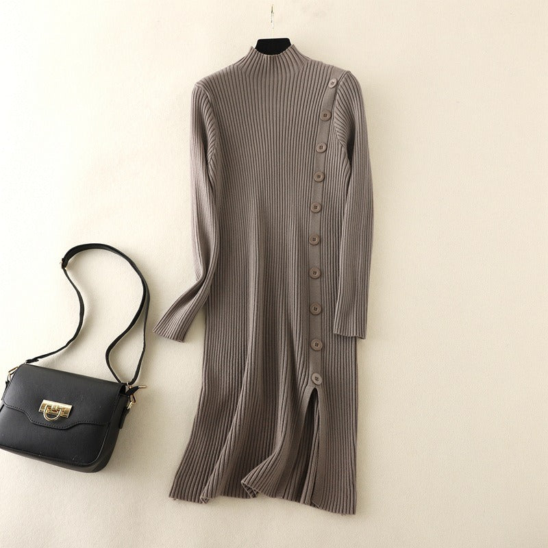 Mock Neck Side Slit Knitted Sweater Dress One Size Light Brown