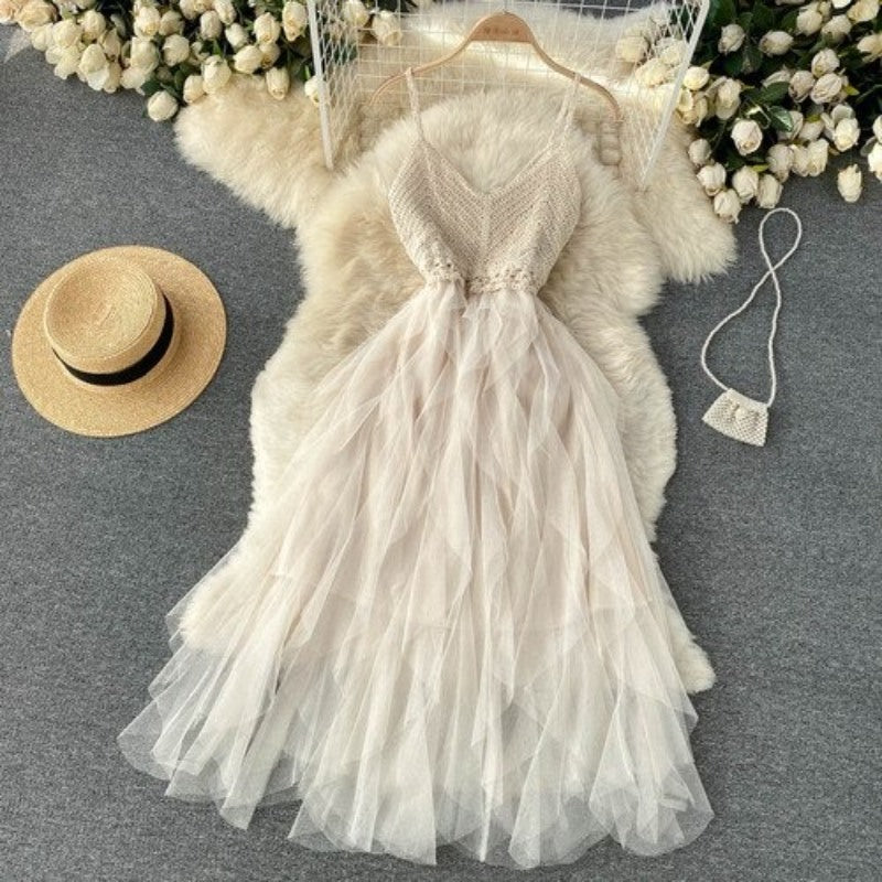 Irregular Net Gauze Fluffy Dress For Women Creamy-white