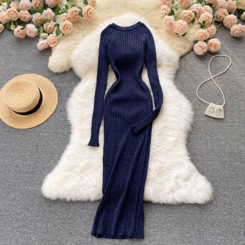 O-Neck Elastic Warm Knitted Sweater Dress