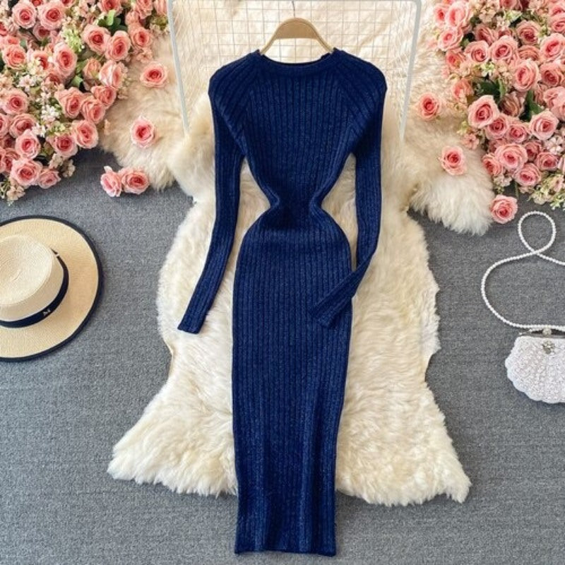 Bright Silk Elegant Knitted Long Sleeve Dress For Women