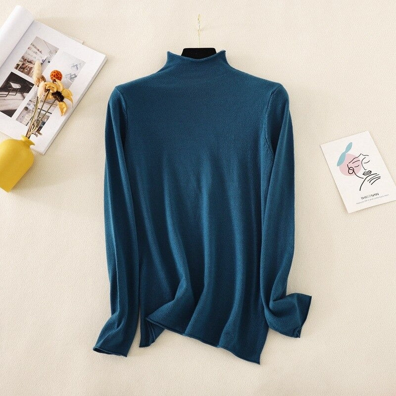 Mock Neck Basic Solid Long Sleeve Jumper For Women Dark Blue One Size