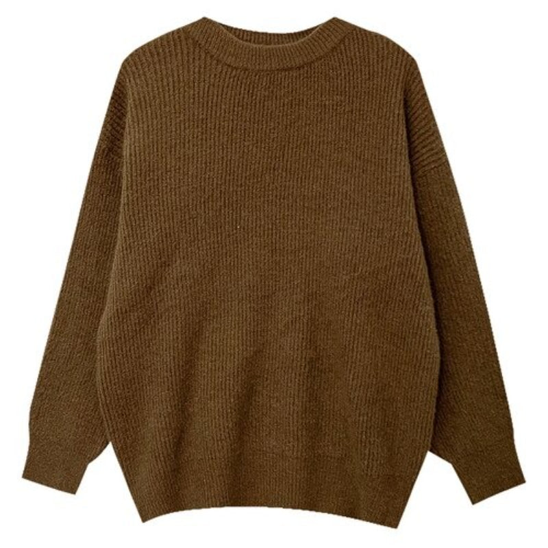 Cashmere Knitted Solid Long-Sleeved Loose Pullover For Women Brown One Size