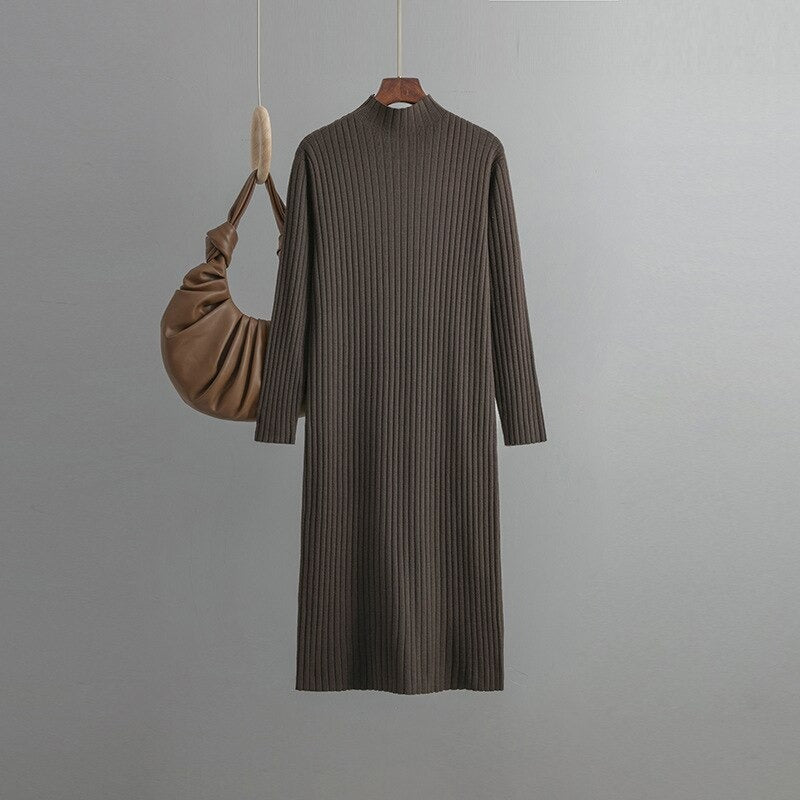 Turtleneck Tunic Knitted Slim Fit Sweater Dress One Size Brown