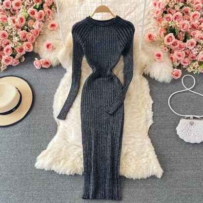 Bright Silk Elegant Knitted Long Sleeve Dress For Women