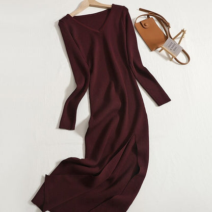 V-Neck Knitted Slim Long Sheath Knitted Dress Burgundy