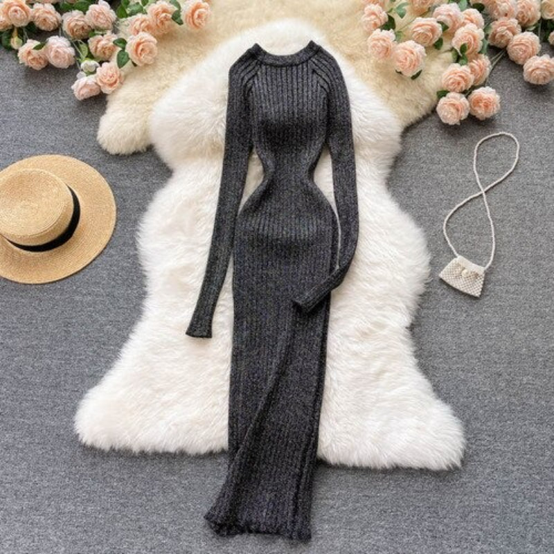 O-Neck Elastic Warm Knitted Sweater Dress One Size Dark Gray