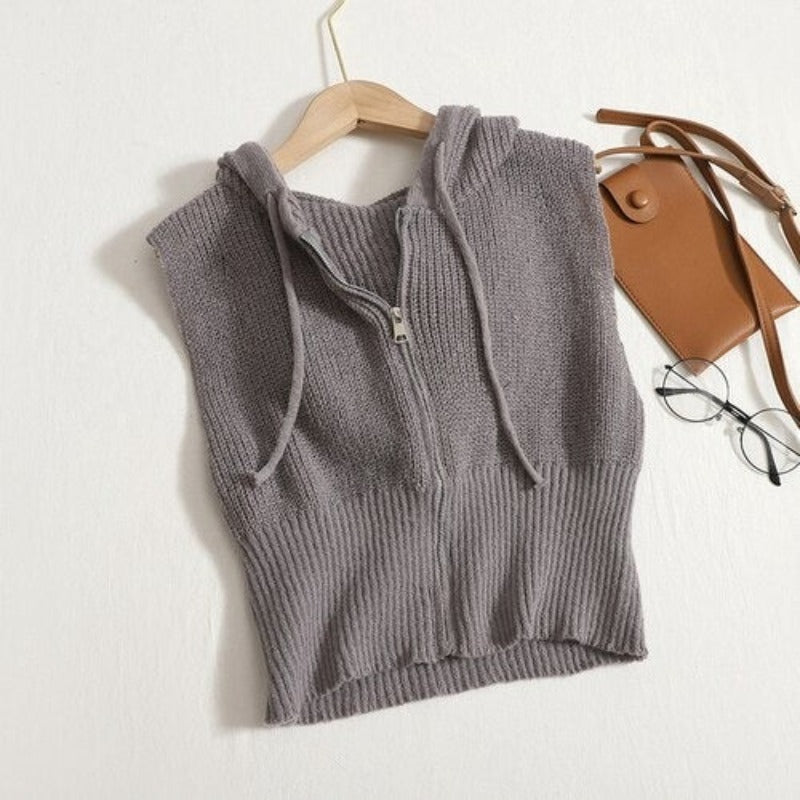 Loose Knitted Hooded Zipper Sweater Vest For Women Gray One Size