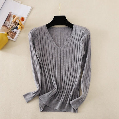 Basic V-Neck Solid Bodycon Knitted Sweater For Women