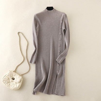 Mock Neck Side Slit Knitted Sweater Dress