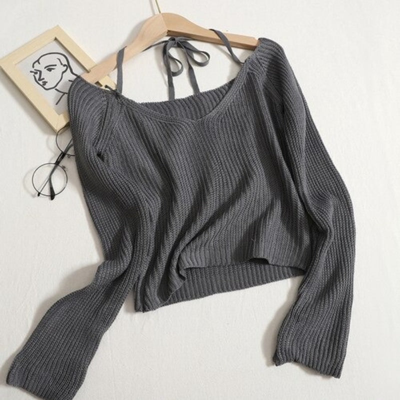 V-neck Long-Sleeved Knitted Crop T-Shirts For Women Gray One Size