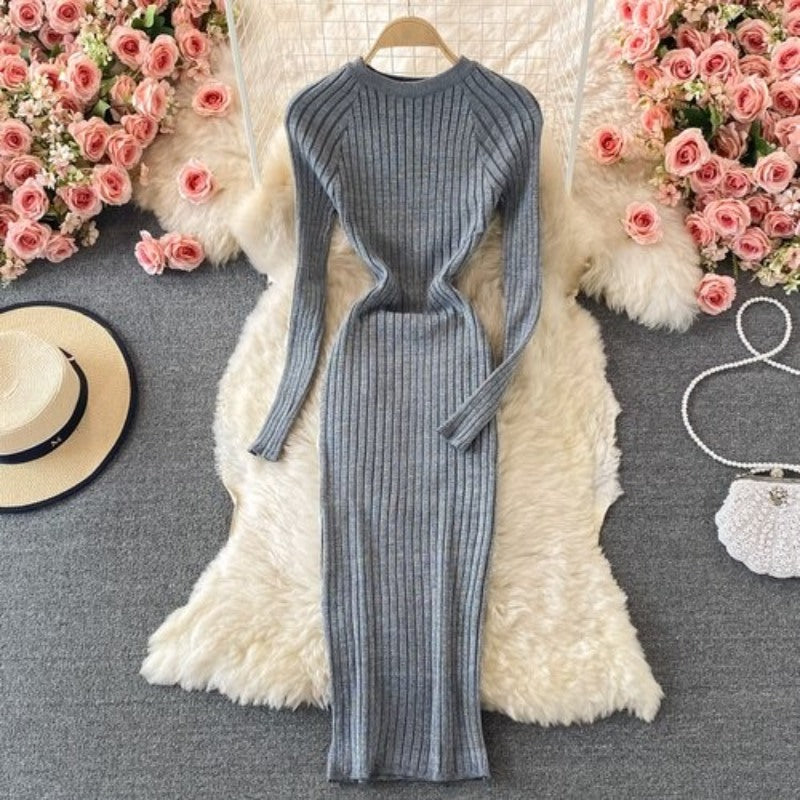 Bright Silk Elegant Knitted Long Sleeve Dress For Women