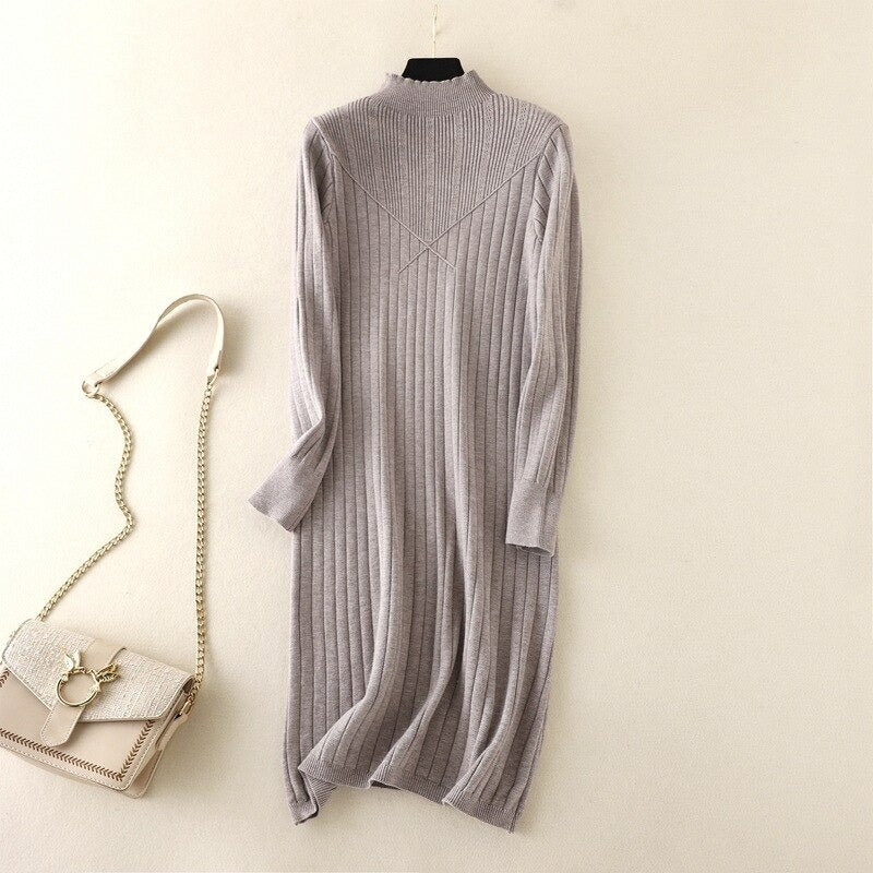 Slim Midi Mock Neck Sweater Dress For Women Light Gray One Size