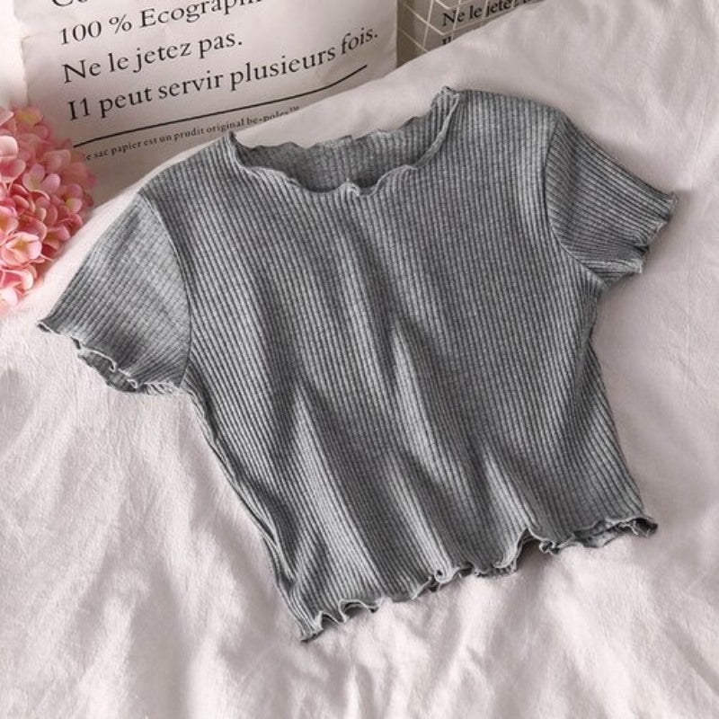 Korean Slim Curl Short Stripe T-Shirts For Women Gray One Size