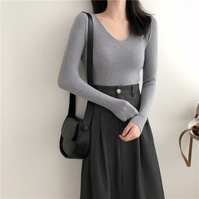 V-Neck Knitted Long Sleeves Skinny Pullovers For Women Gray